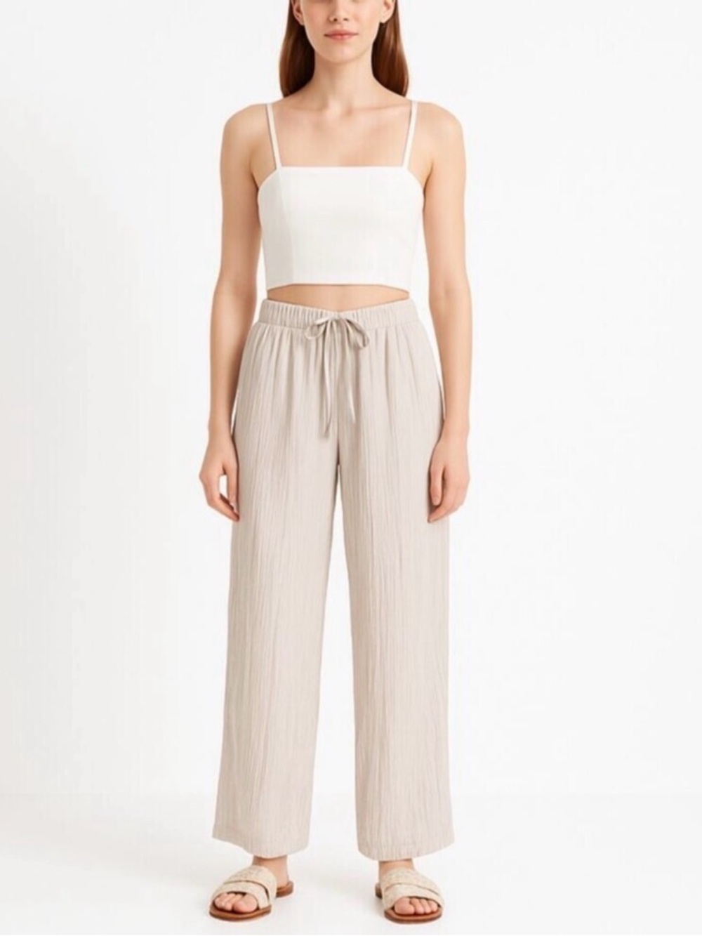 zara beige tan crinkle trouser pant